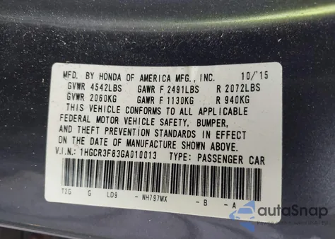 2016 Honda Accord Ex-L V-6 from USA, damaged, VIN 1HGCR3F83GA010013
